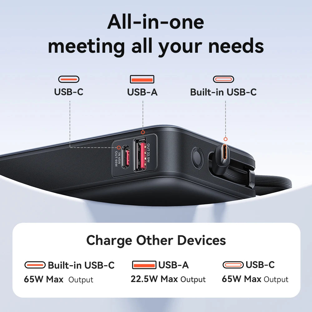 Vention 65W Power Bank 20000mAh Built-in USB-C Cable Portable Powerbank for Laptop PD Fast Charger for iPhone 17 Samsung S25 S24
