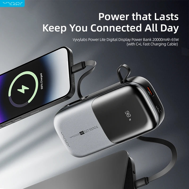 20000mAh Power Bank PD 65W Fast Charging with Type-C & Lightning Cable External Battery Powerbank for Phone Laptop Tablet Mac