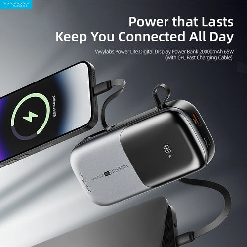20000mAh Power Bank PD 65W Fast Charging with Type-C & Lightning Cable External Battery Powerbank for Phone Laptop Tablet Mac