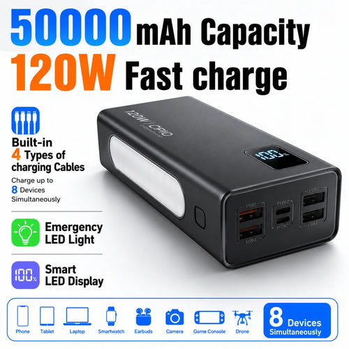 50000mAh Power Bank 120W Fast Charging Portable Charger Built-in Cable External Battery Pack PD USB C LED Display Powerbank
