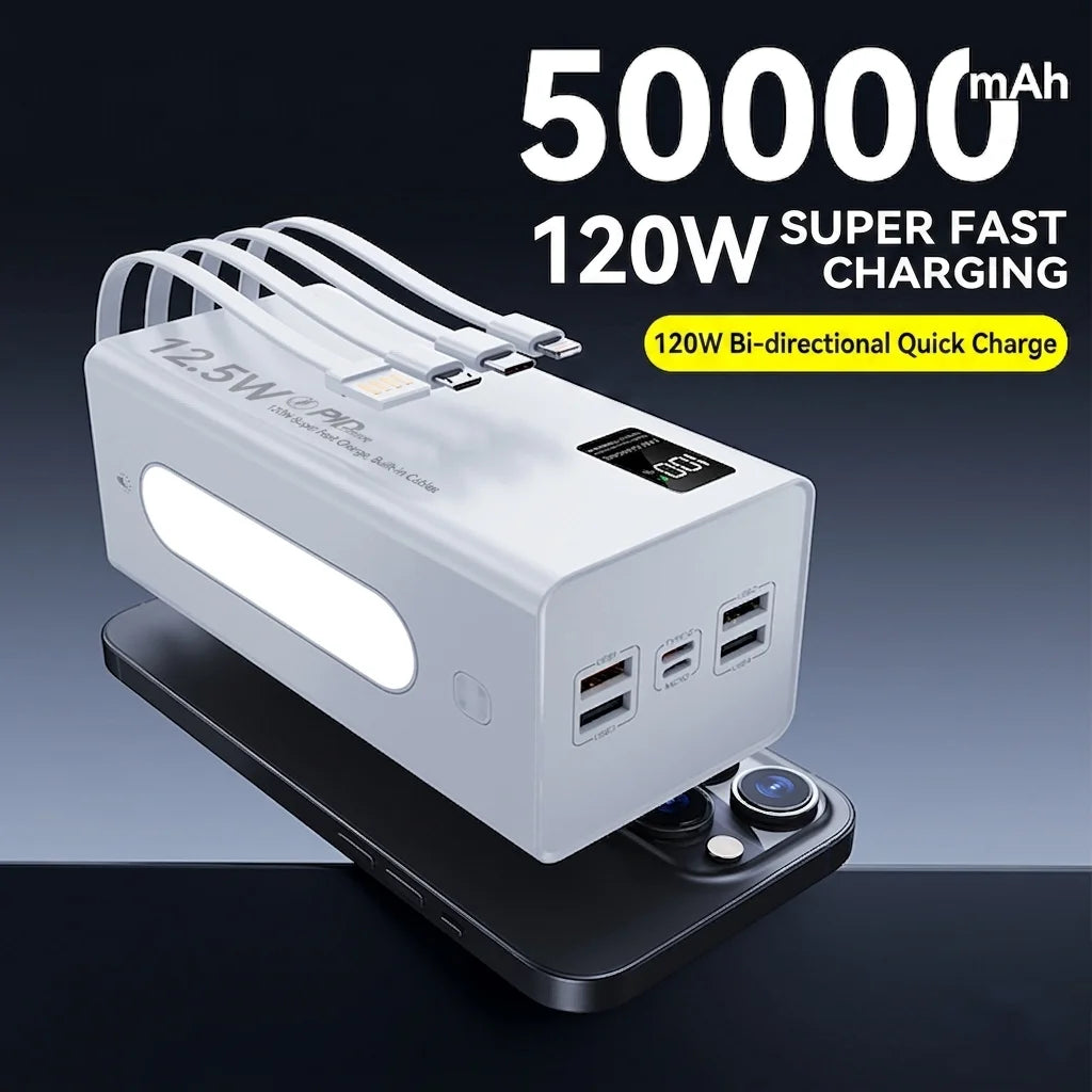 50000mAh Power Bank 120W Fast Charging Portable Charger Built-in Cable External Battery Pack PD USB C LED Display Powerbank