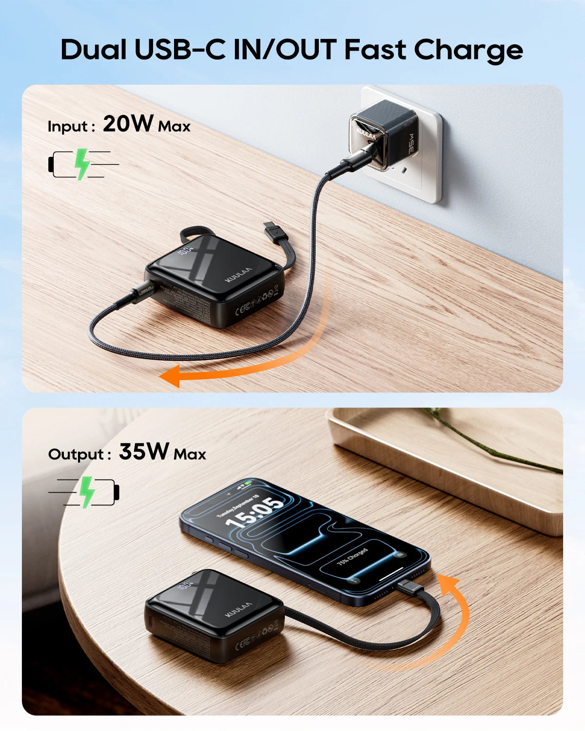 KUULAA Mini Power Bank 10000mAh 35W Fast Charging USB C Cable Pocket-Sized Smaller Portable Charger For iPhone 17 16 Samsung S25