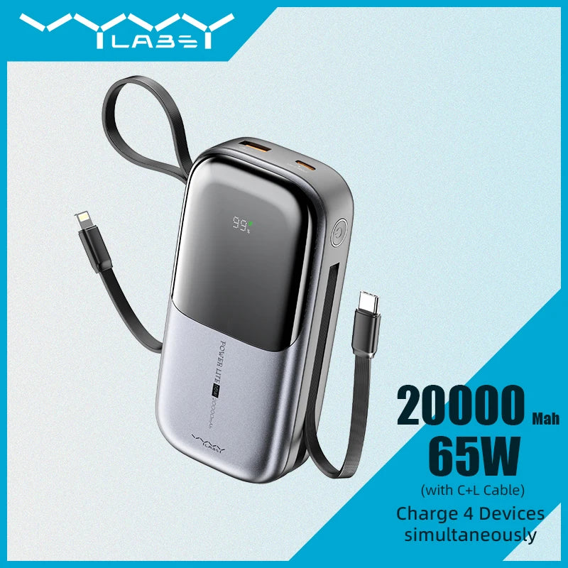 20000mAh Power Bank PD 65W Fast Charging with Type-C & Lightning Cable External Battery Powerbank for Phone Laptop Tablet Mac